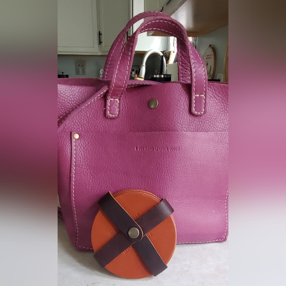 Portland Leather Mini Crossbody in Hibiscus and tan coasters!